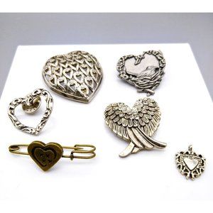 Vintage Romance Brooch Lot, Fun Bundle of 6 Heart Pins Pendant and Scarf Clip